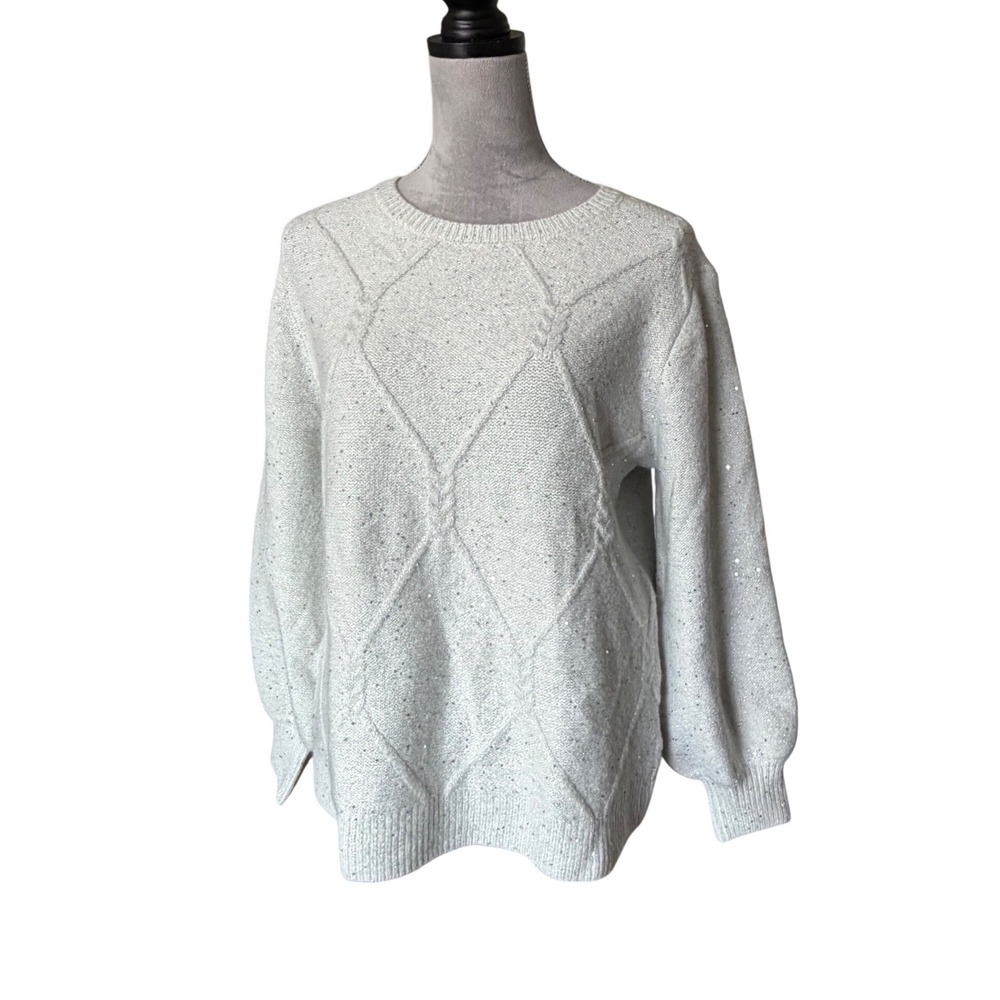 Anne Klein Womens Gray Sequin Shiny Diamond Cable Knit Crew Neck Sweater Size M